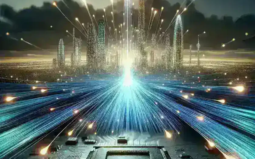 "Light-based computing graphic showcasing innovative technology that overcomes silicon chip limitations, featuring high-speed optical components and advanced photonic circuits."