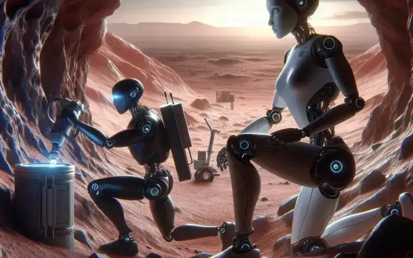 "AI robot exploring a cave on Mars, equipped with advanced sensors and cameras, searching for signs of microbial life amidst Martian rocks and geological formations."